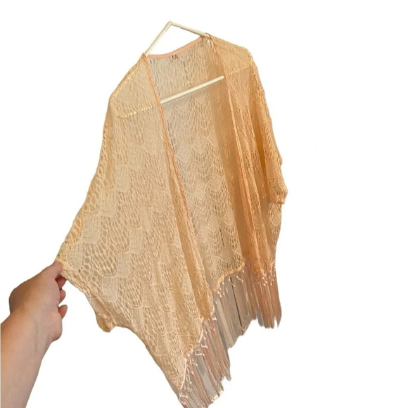 cream lace fringe shawl wrap cover up kimono duster 70s inspired boho western - Picture 2 of 4